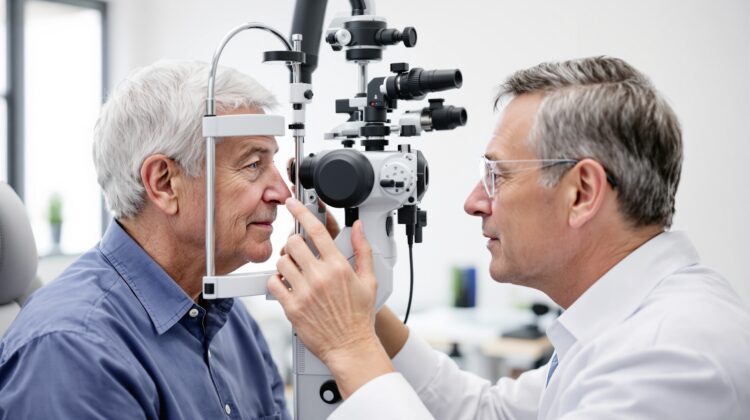 Optometrist performing a refraction test on an older adult patient to measure vision changes and determine prescription accuracy under Medicare coverage.