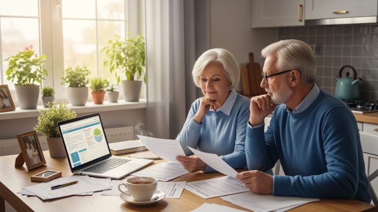 A senior couple discussing Medicare coverage options at a kitchen table with health documents and a laptop.