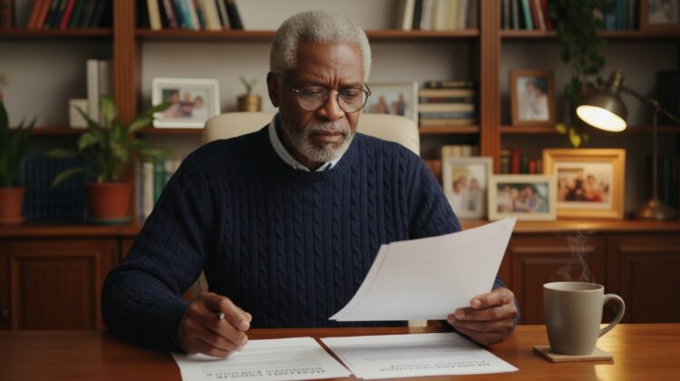 A senior man in a home office looking at healthcare documents with a thoughtful expression.