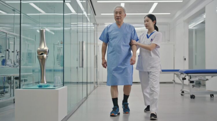 Senior man walking with a therapist after advanced NanoKnee knee replacement surgery.