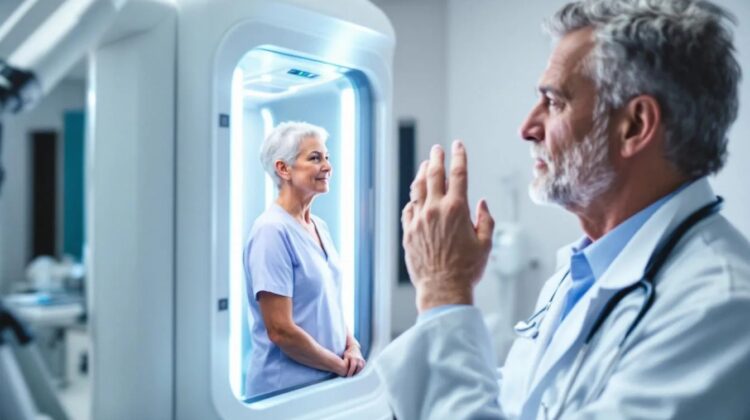 Patient receiving supervised ultraviolet light therapy in a dermatology clinic.