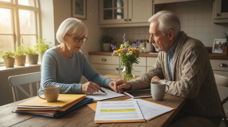 A senior couple discussing healthcare options at a kitchen table with medical documents in front of them.