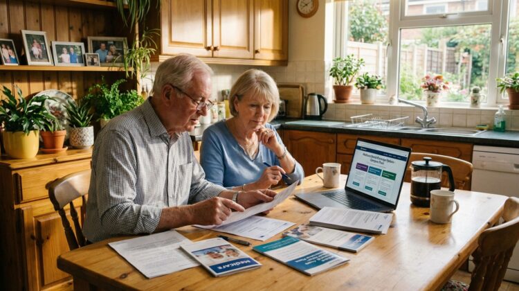 A senior couple examining Medicare documents at a kitchen table with a laptop open.