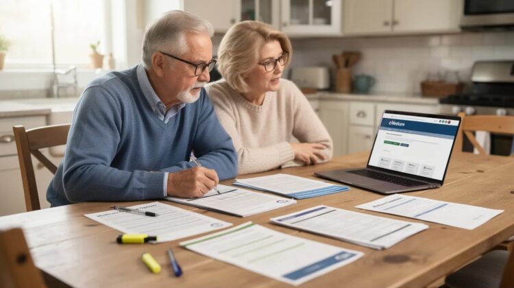 A senior couple discussing Medicare coverage at a kitchen table with brochures and a laptop.