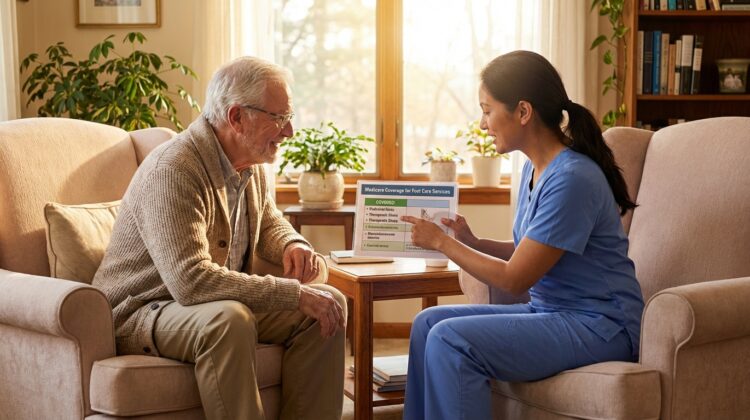 A senior person consulting with a healthcare provider about foot care options in a cozy room.