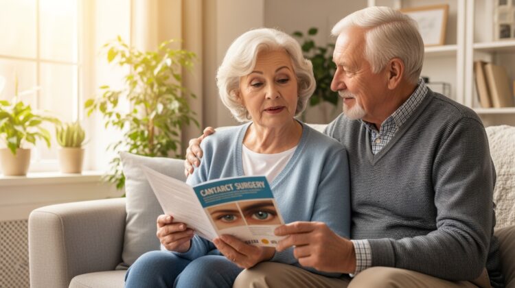 A senior couple in a living room discussing healthcare options with a brochure about cataract surgery.