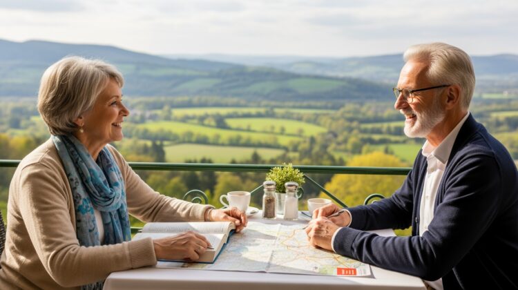A senior couple at a café table with a travel guide and map, enjoying a scenic view while discussing their travel plans.