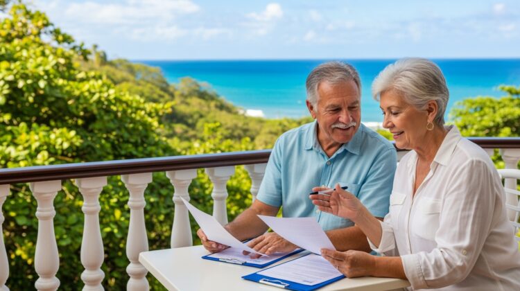 A senior couple on a balcony in Puerto Rico, reviewing Medicare documents with a scenic view of the ocean and greenery in the background.