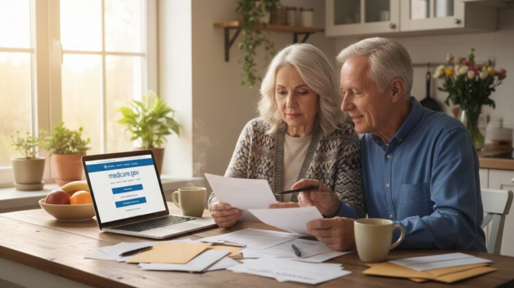 A senior couple discussing healthcare options at a kitchen table with a laptop open to a Medicare website.