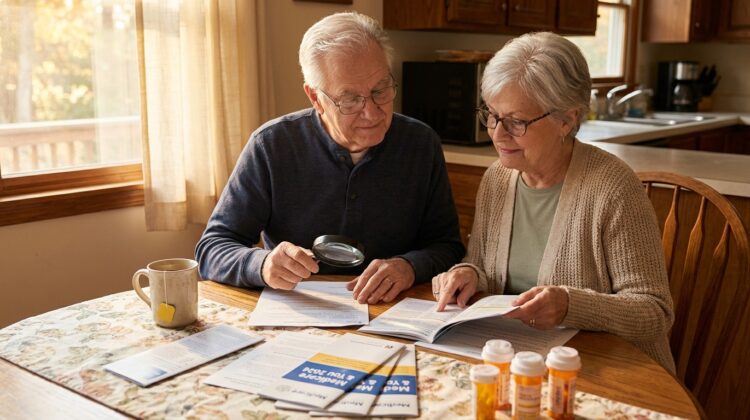 A senior couple discussing Medicare plan documents at a kitchen table with a cup of tea.