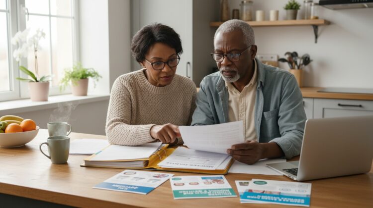 A senior couple examining Medicare documents and dental care brochures at a kitchen table with a laptop.