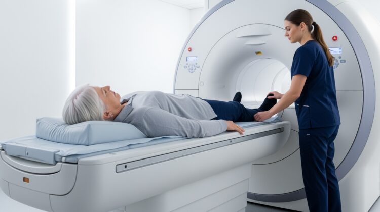 Medicare patient receiving a knee MRI scan in a hospital imaging facility.
