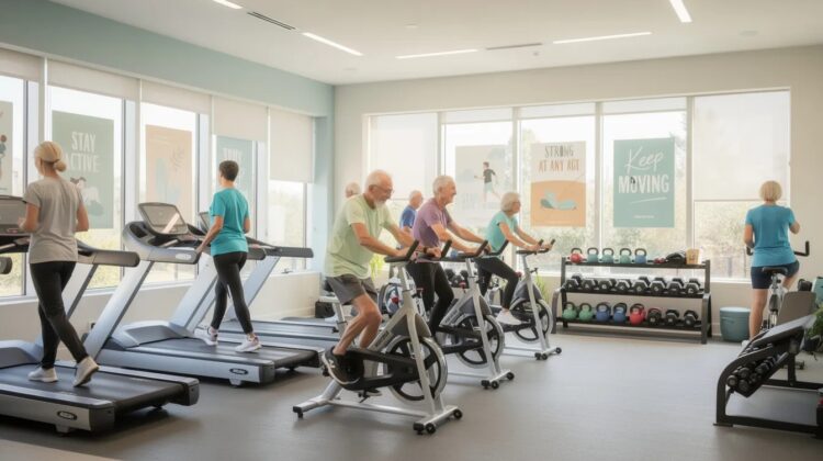 A spacious gym designed for seniors with exercise equipment like treadmills and weights, illuminated by natural light.