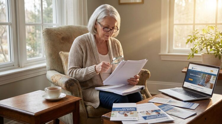 A senior individual in a cozy living room, reviewing paperwork about home health services with a laptop and medical brochures on a table.
