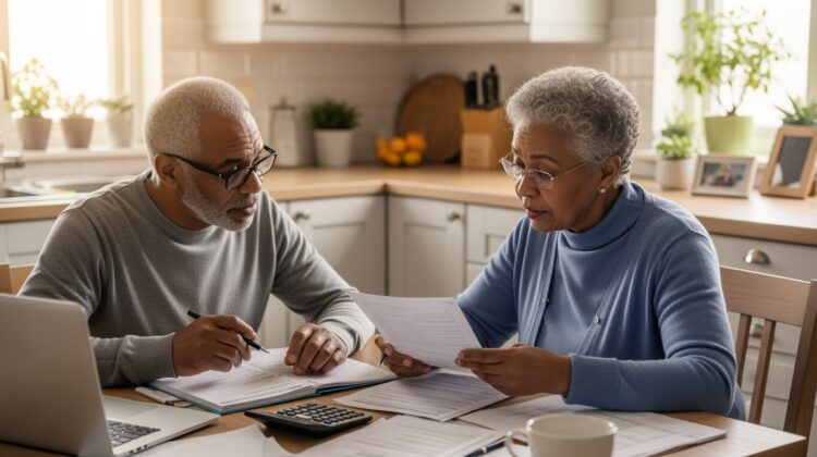 A senior couple examining Medicare documents at a kitchen table with a laptop and calculator.