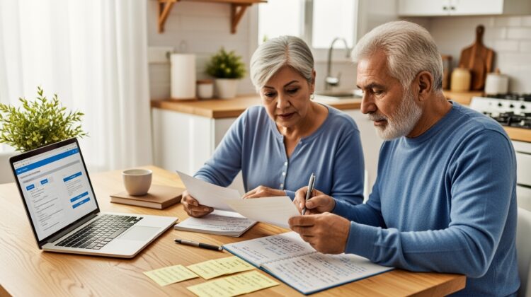 A senior couple discussing Medicare enrollment at a kitchen table with a laptop and notepad.
