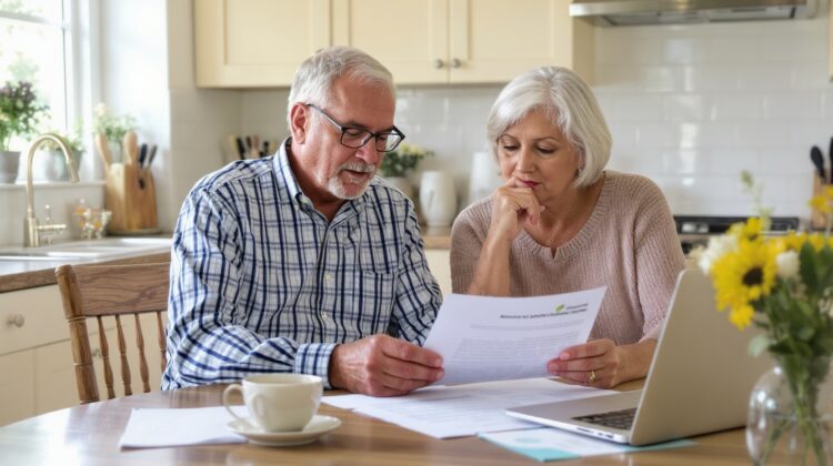 A senior couple reviewing healthcare documents at a kitchen table with a laptop open, discussing Medicare limiting charges.