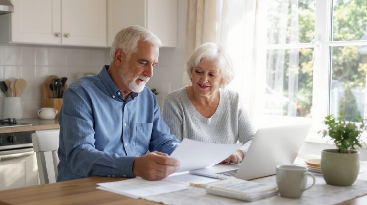 A senior couple reviewing financial documents related to Medicare premiums at a kitchen table.