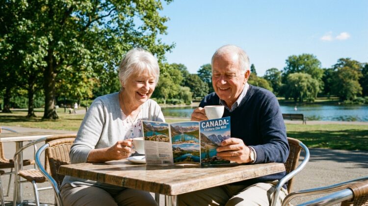A senior couple at an outdoor café table, looking at a travel brochure about Canada with a park in the background.