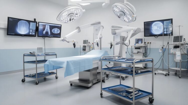 A modern surgical room with advanced robotic surgical equipment and neatly arranged instruments.