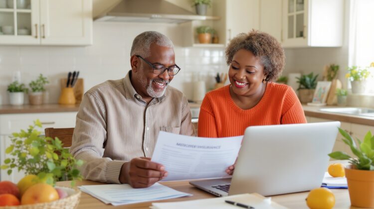 A senior couple reviewing Medicare and employer insurance documents at a kitchen table with a laptop open in front of them.
