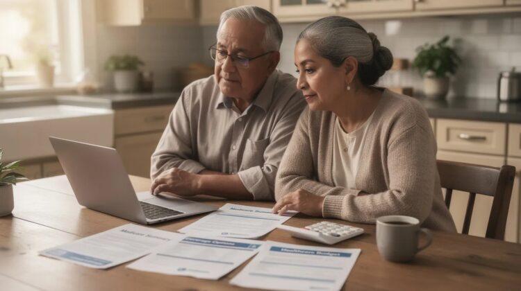 A senior couple examining Medicare documents at a kitchen table with a calculator and laptop.