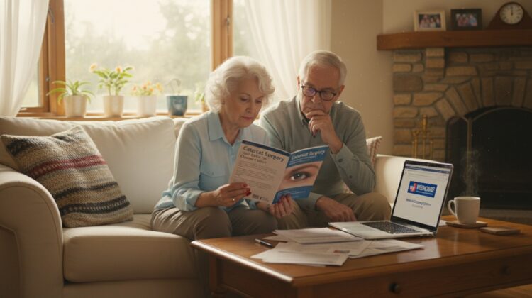 A senior couple in a living room discussing healthcare coverage, with a brochure about cataract surgery and a laptop on the table.