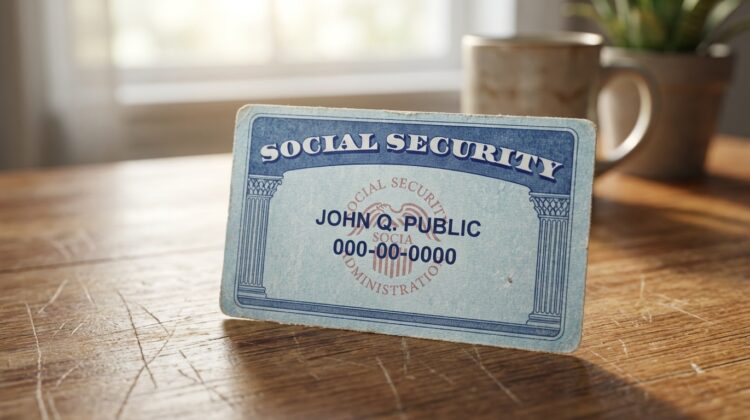 A Social Security card on a wooden table, showing a generic name and number.