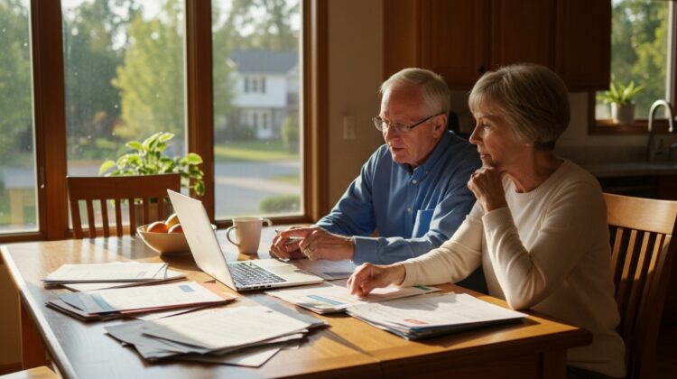 A senior couple reviewing Medicare health plan options at a kitchen table with brochures and a laptop.