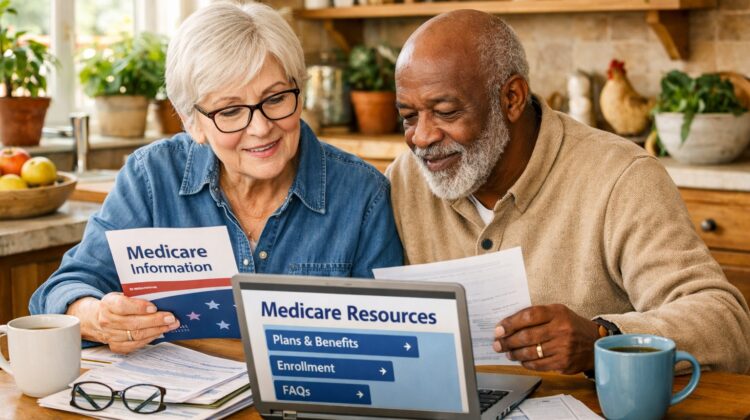 A senior couple reviewing Medicare information at a kitchen table with a laptop and financial documents.