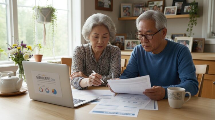 An elderly couple reviewing health insurance documents at a kitchen table with a laptop open in front of them.