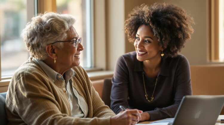 Older adult reviewing Social Security income paperwork with a PACE program counselor.
