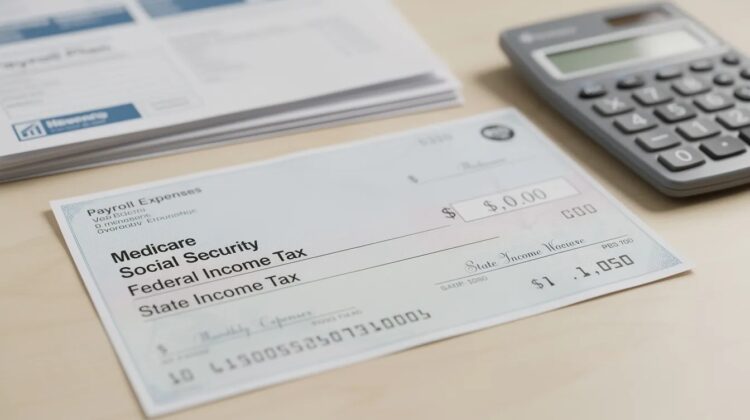 A paycheck showing Medicare deductions with a calculator and financial documents in the background.