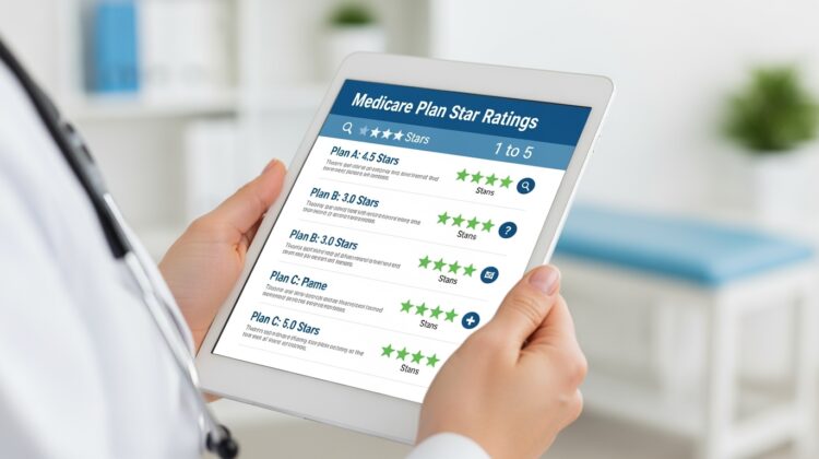 Healthcare professional reviewing Medicare plan CMS Star Ratings on a digital tablet.