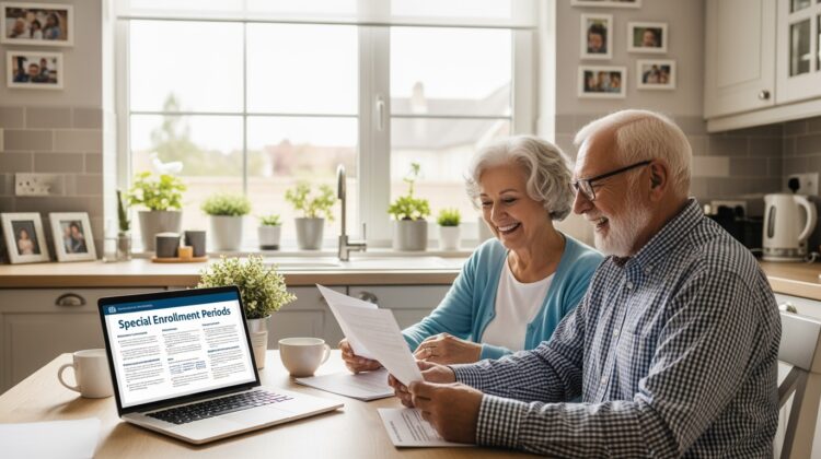 A senior couple reviewing Medicare documents at a kitchen table with a laptop open.
