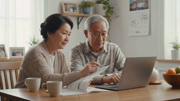 A senior couple discussing health insurance options at a kitchen table with a laptop and a marked calendar in the background.