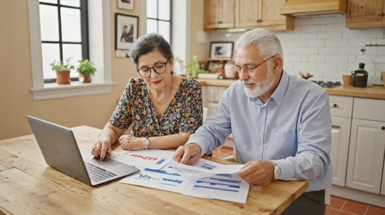 A senior couple reviewing Medicare Advantage plan documents at a kitchen table with a laptop open in front of them.