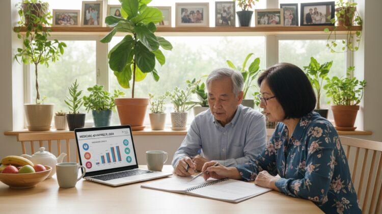 A senior couple discussing Medicare plan documents at a kitchen table with a laptop open in front of them.