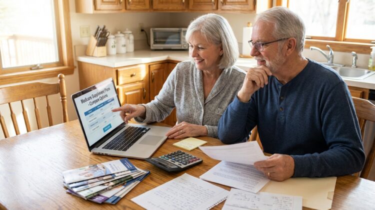 A senior couple discussing Medicare Supplement Plan options at a kitchen table with a laptop and papers.