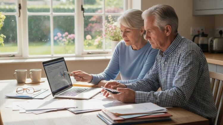A senior couple examining Medicare options at a kitchen table with a laptop and papers.