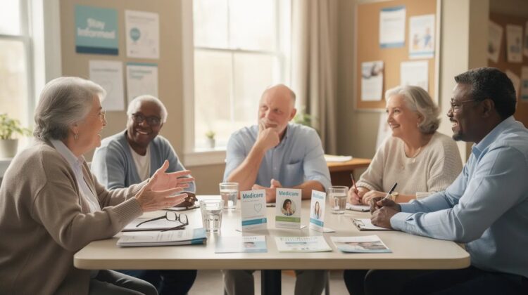 A diverse group of individuals discussing Medicare options at a community center table with brochures.