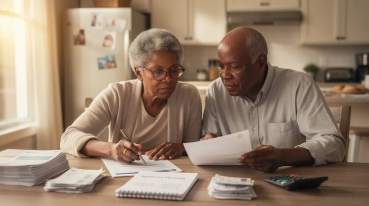 A senior couple examining financial documents at a kitchen table, discussing Medicare options.