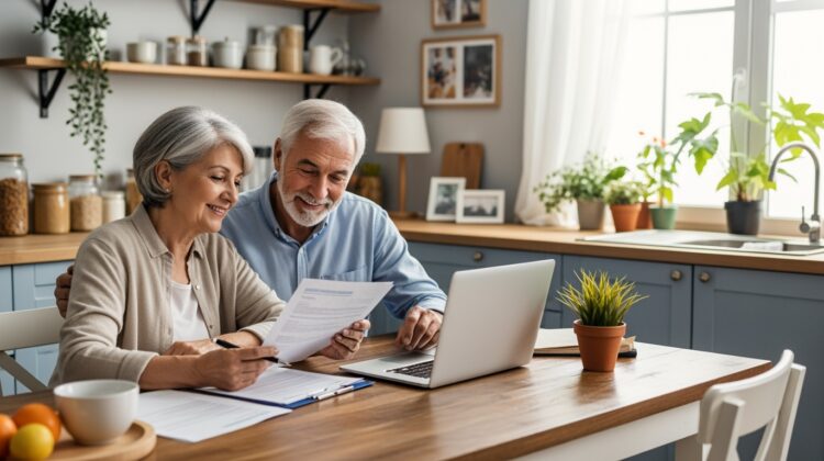 A senior couple at a kitchen table reviewing Medicare enrollment documents with a laptop open in front of them.