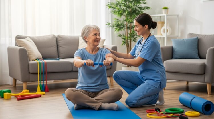 A senior person participating in a home physical therapy session with a healthcare professional in a well-lit living room.