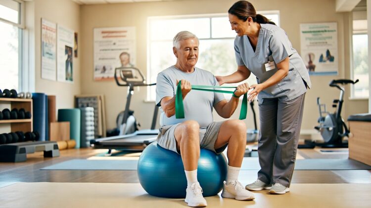 A senior person participating in a physical therapy session using a resistance band with a therapist in a bright therapy room.