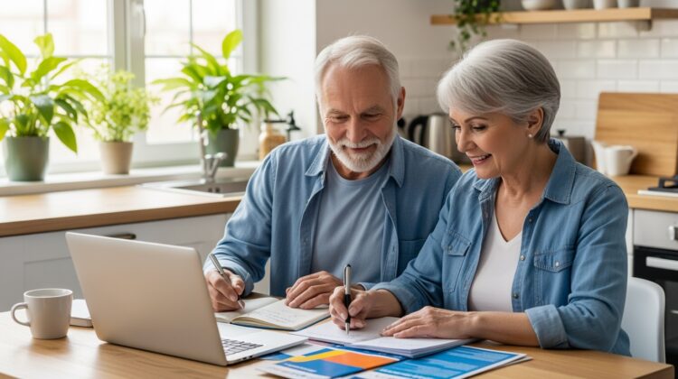 An senior couple discussing Medicare options at a kitchen table with a laptop and brochures.