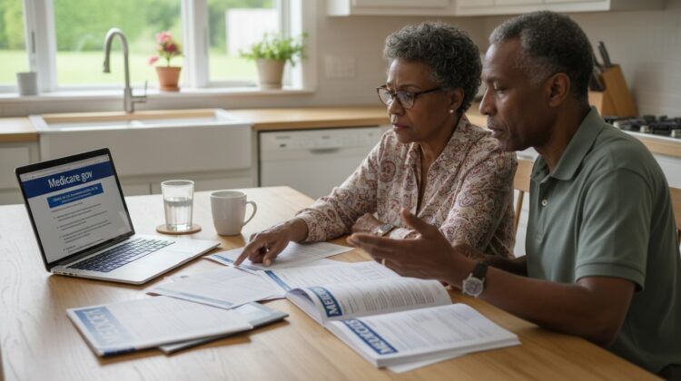 A senior couple reviewing Medicare information at a kitchen table with brochures and a laptop.