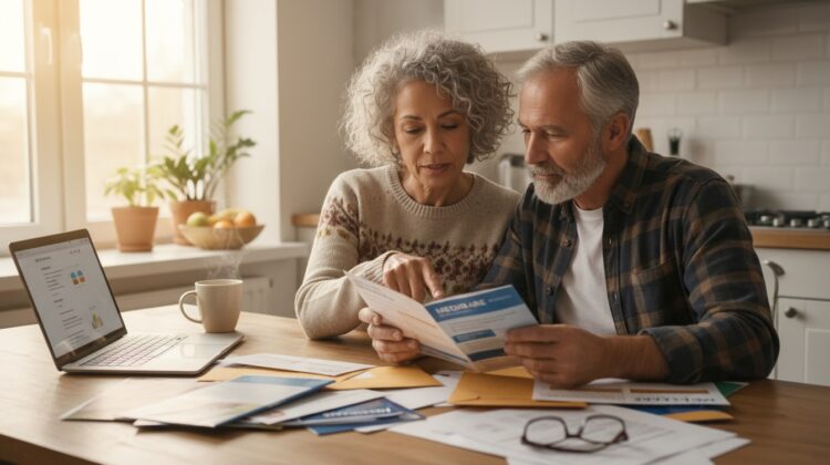 A senior couple examining health insurance brochures at a kitchen table, with a laptop and papers around them.