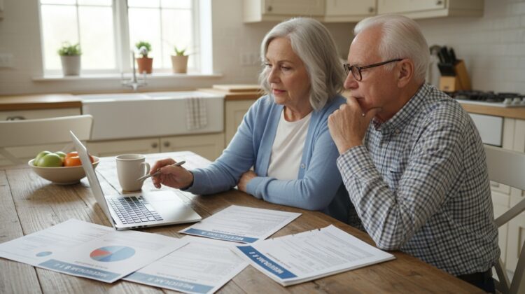 An elderly couple reviewing Medicare information at a kitchen table with a laptop and documents.
