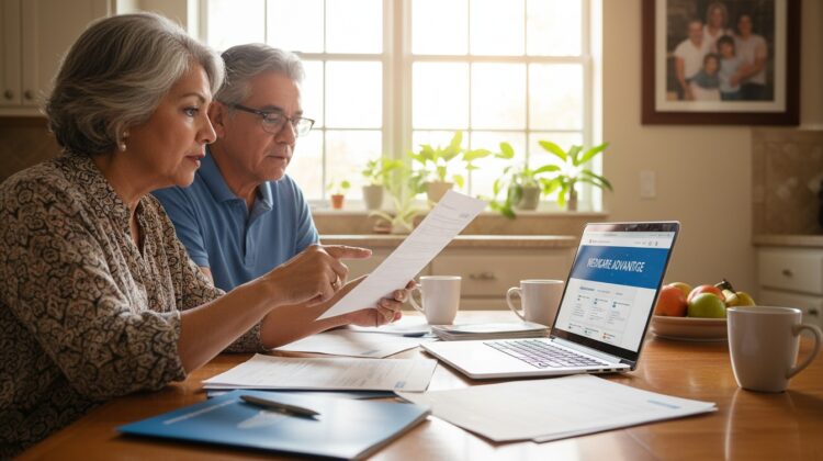 A senior couple reviewing Medicare Advantage plan documents at a kitchen table with a laptop open.